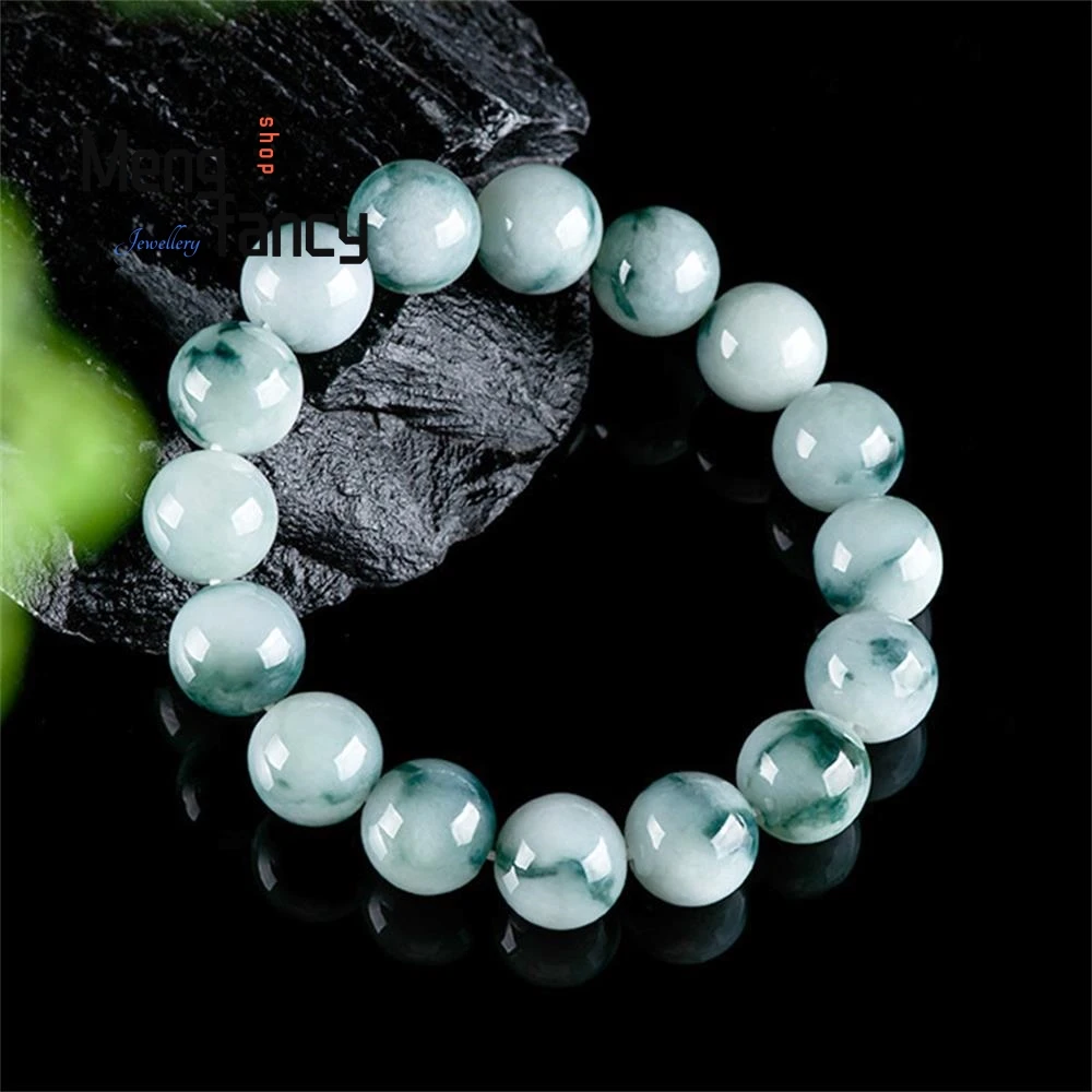 

Natural Myanmar A-goods Jadeite Floating Flowers Round Beads Strings Ice Jade Beads Bracelet High-grade Exquisite Luxury Jewelry