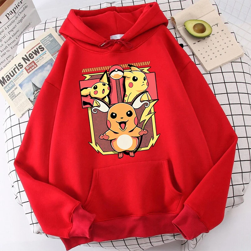 Hoodie de pelúcia impresso Pokémon feminino, suéter esportivo vermelho, top solto