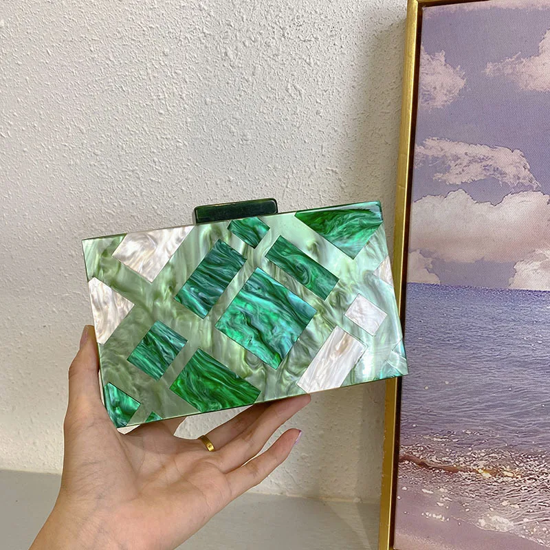 2024 New Marble Grid Color Matching Acrylic Handbag Women Shoulder Evening Clutches Bag Wedding Party Designer Lady Purse Box
