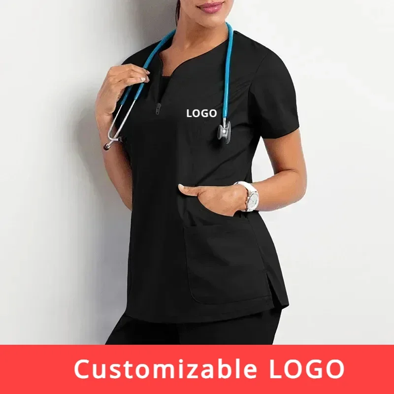 Customizable LOGO Nurse Women Casual Apparel Top Pharmacy Working Medical Hospital Doctor Nursing Uniform V-neck Jogger