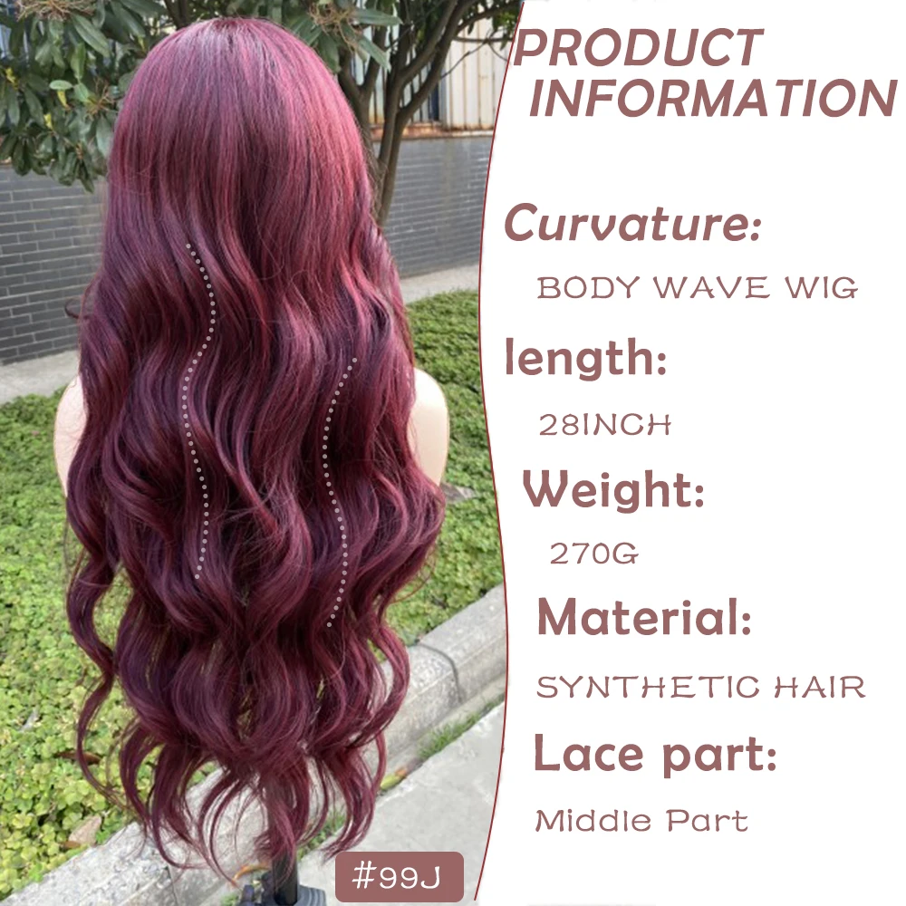 IPARTY Burgundy Synthetic Lace Frontal Wig 28 Inch Body Wave Trendy Hair T Part Lace Wigs with Pre Plucked Baby Hair for Women