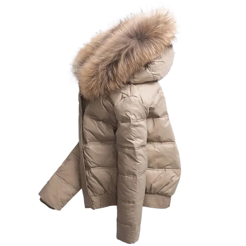 

2025 Winter New Women's Down Cotton Jacket Commuting Fake Fur Collar Hooded Short Cotton Jacket