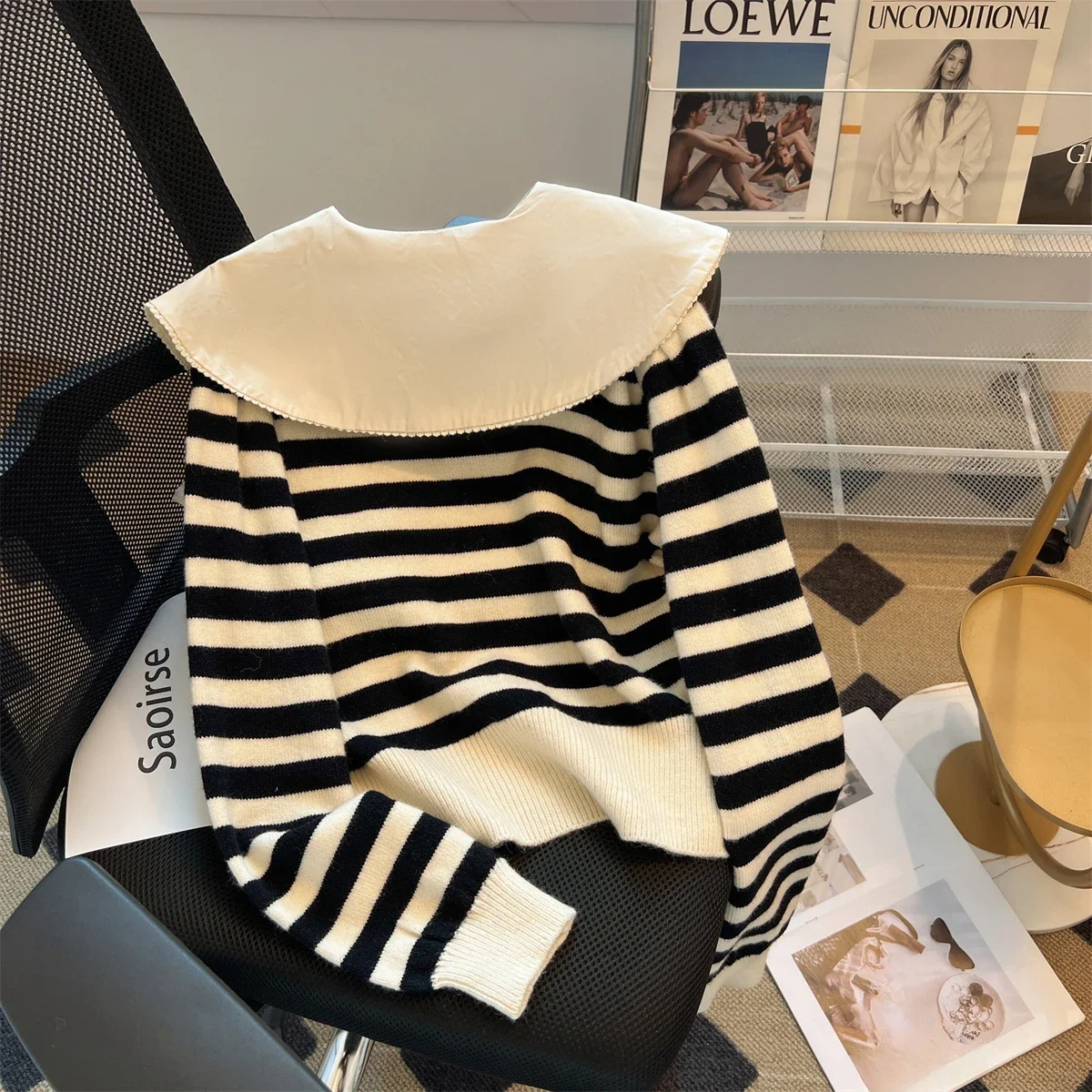 KUSAHIKI Causal Peter Pan Collar Knitwear Women Fashion Sweater Striped Tops Autumn Winter Pull Femme 2023 New Knitted Pullovers