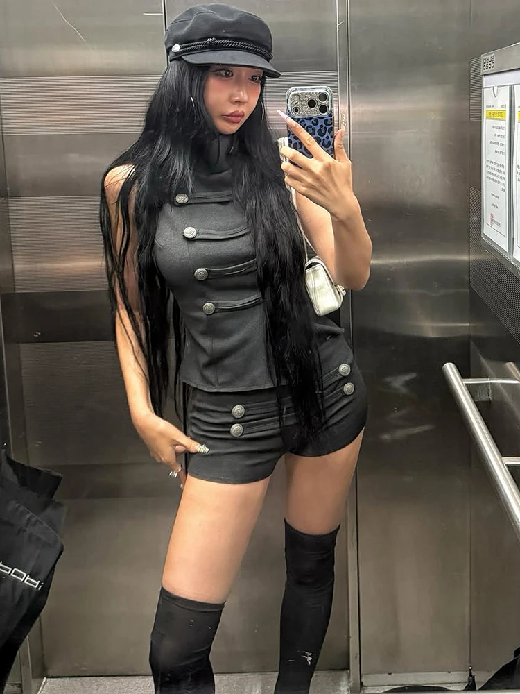 Nibber Button Decoration Turtleneck Irregular Splits Hen Tops+Mini Shorts Sexy Fashion 2 Piece Set Women Sexy Classic Streetwear