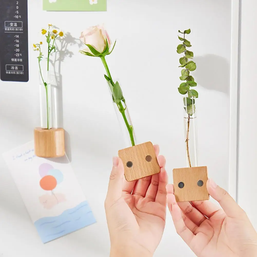 Refrigerator Magnet Hydroponic Plants Test Tube Vase Window Wooden Vase Planter Home Office Magnet Fridge Decoration