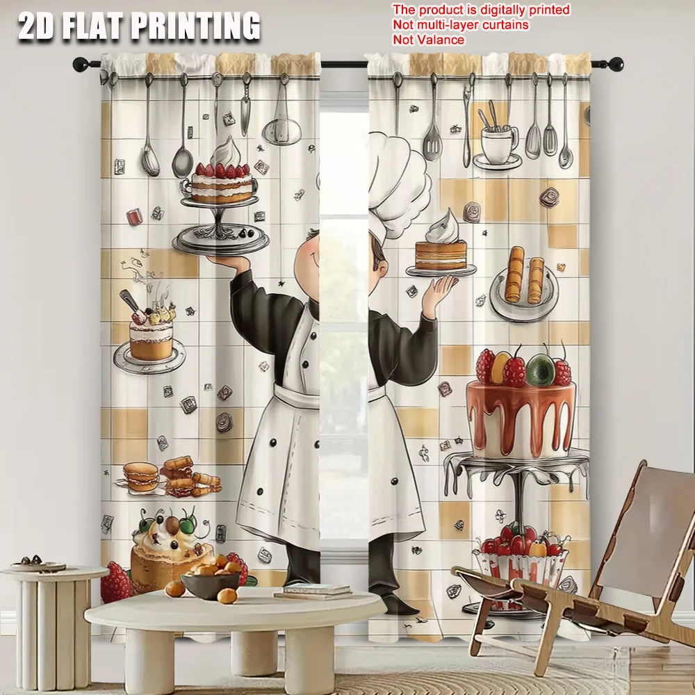 2pcs, spring summer Curtains Baker Pastries Kitchen Art Digital Print Drapes Versatile Polyester Fabric Decorations Outdoor for
