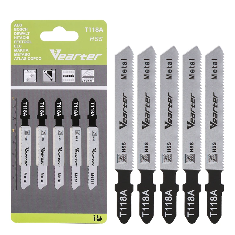 Vearter 5Pcs JigSaw Blade Set T118A 3inch(77mm)  21TPI Blade Set made for HSS Precise Straight Cutting Wood Boards PVC Plastic