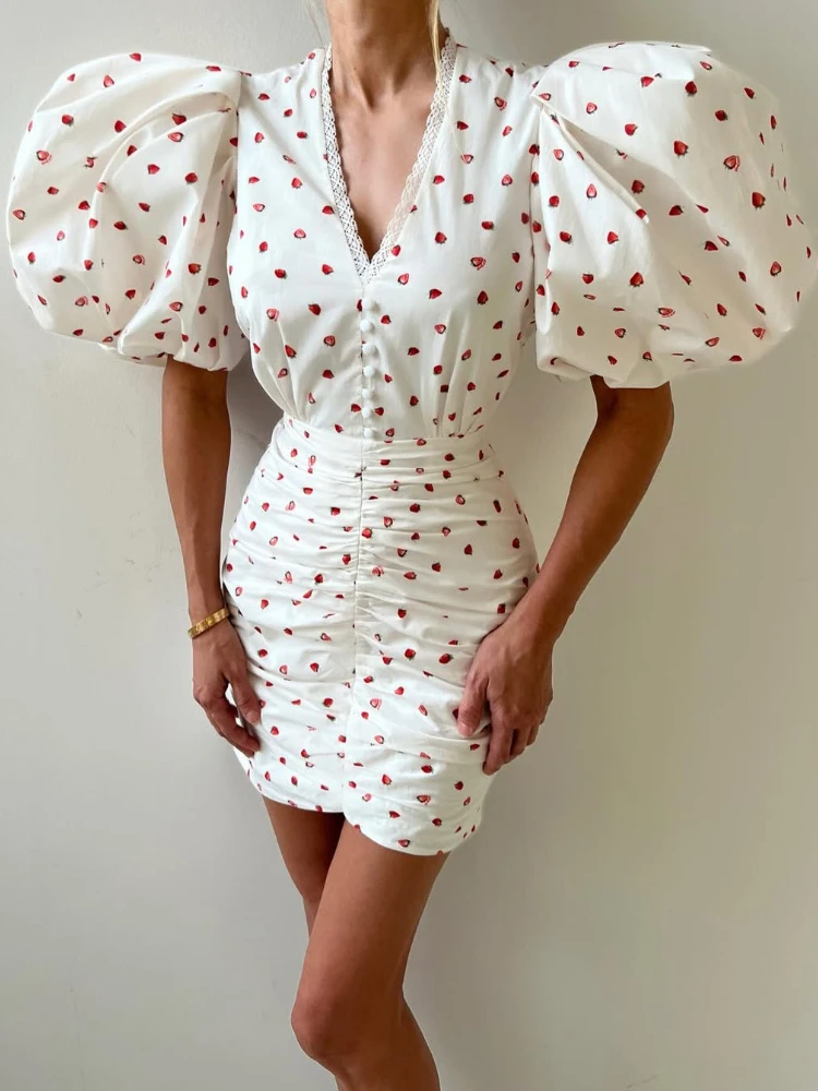 Elegante Polka Dot Aardbeienprint Kant Hoge Taille Retro Geplooid Sexy V-hals Pofmouwen Enkele Knop Formele Lange Avondjurk