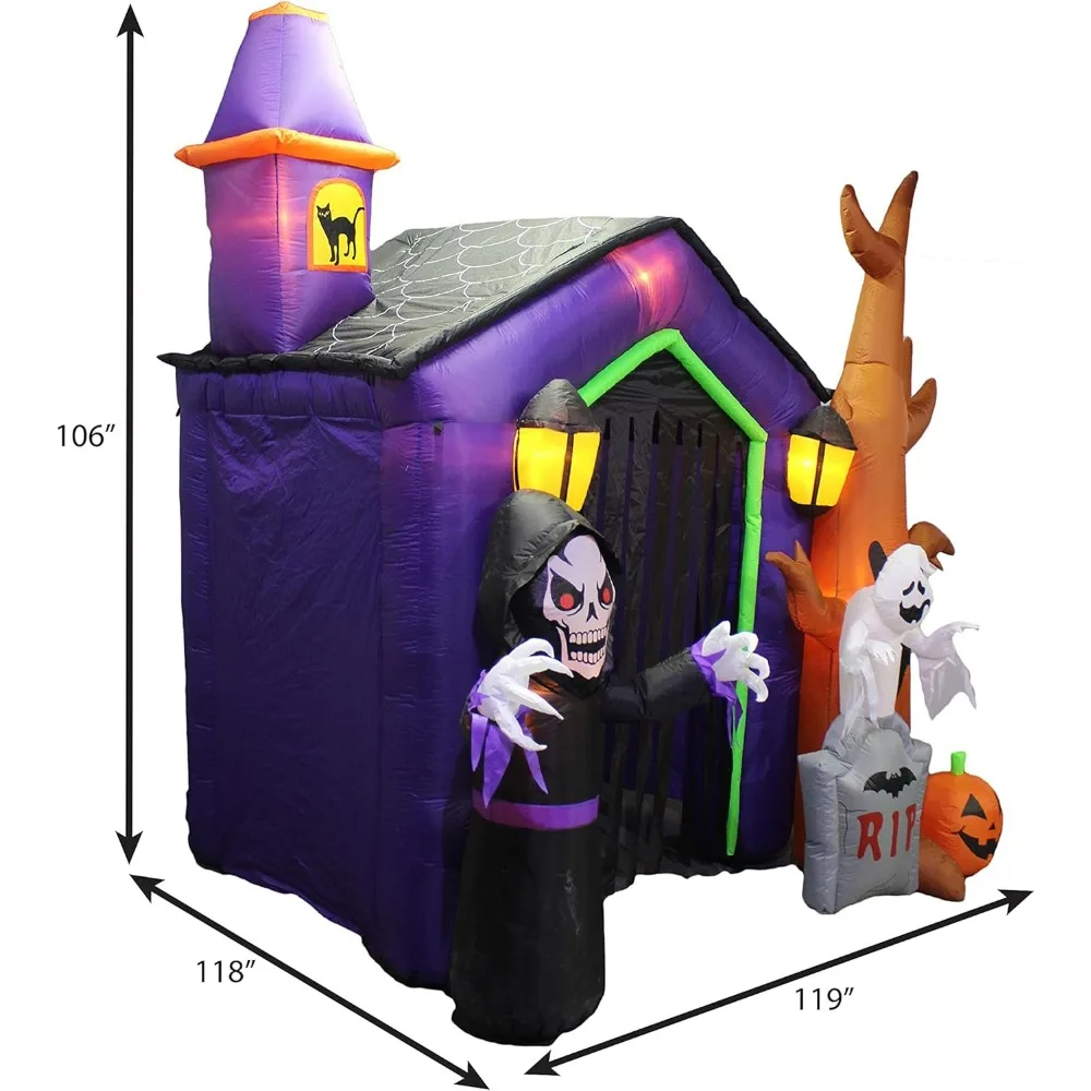 8.5 Foot Halloween Inflatable Haunted House Castle with Skeleton, Ghost, Tree and Pumpkin Lights Decor