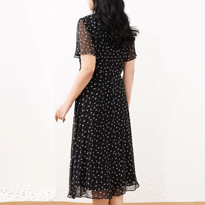 2024 New Summer Chinese Style Commuting Fashion Loose Chiffon Floral A-line Skirt V-neck Bubble Sleeve Women\'s Mid Length Dress