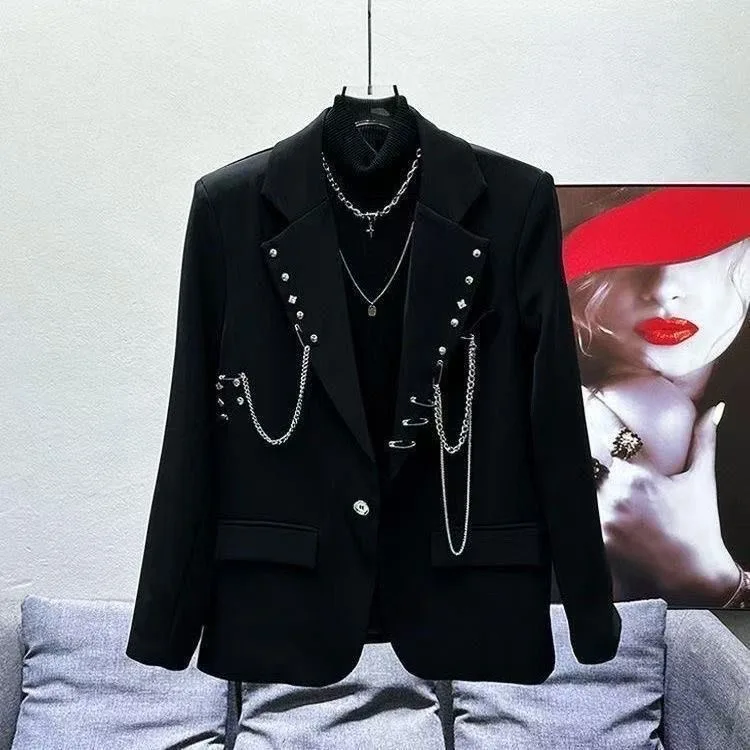 

Spring Autumn 2025 Men's Trendy Black Suit Jacket Chain Design Casual Rock Style Polyester Nylon Composite Fiber Loose Fit