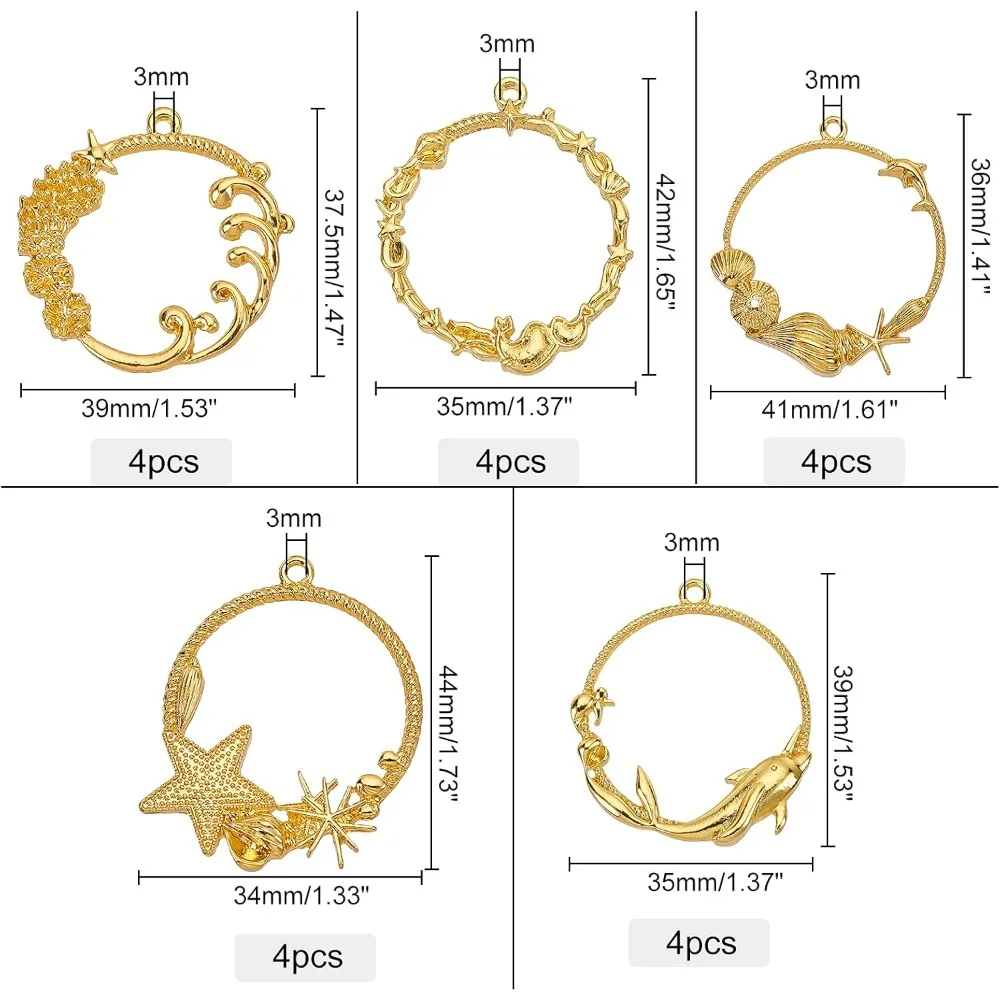 20 pçs oceano tema aberto volta moldura pingentes verão aberto moldura encantos liga quadro pingentes resina uv pingente oco molduras de resina
