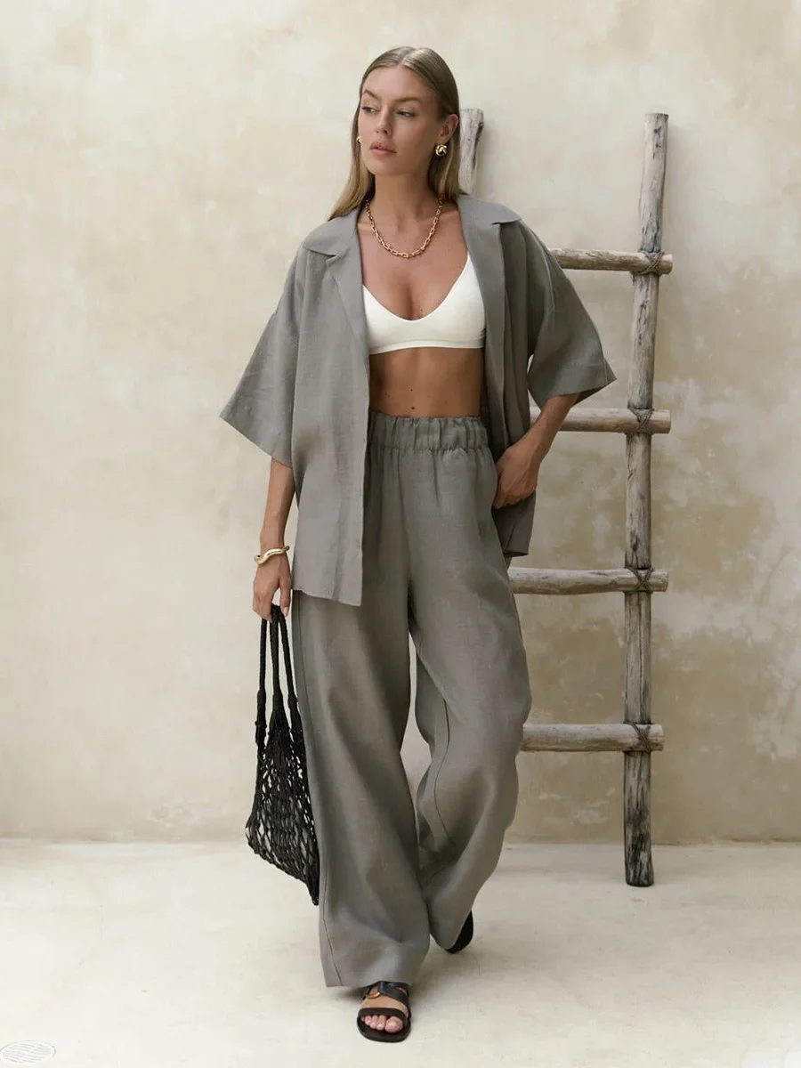 

Summer New 100% Cotton Short Sleeved Pants Set Women's Loose Solid Color Short Sleeved Shirt Pants Casual 2-piece Set