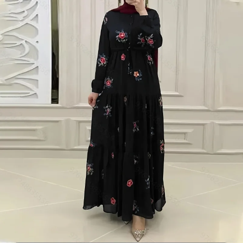 Ricama Maxi abiti Slim-fit per le donne Abaya Dubai Islam abito musulmano donna manica lunga con lacci abito caftano Elegante Femme