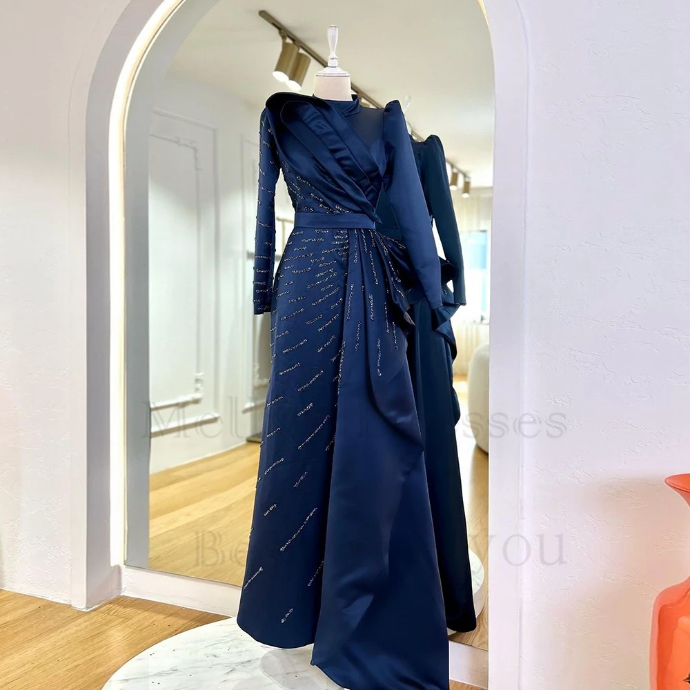 

High Neck Navy Blue Evening Dresses for Women Satin Full Sleeve Beading Prom Gowns 2023 Summer New Luxury Vestido De Noche