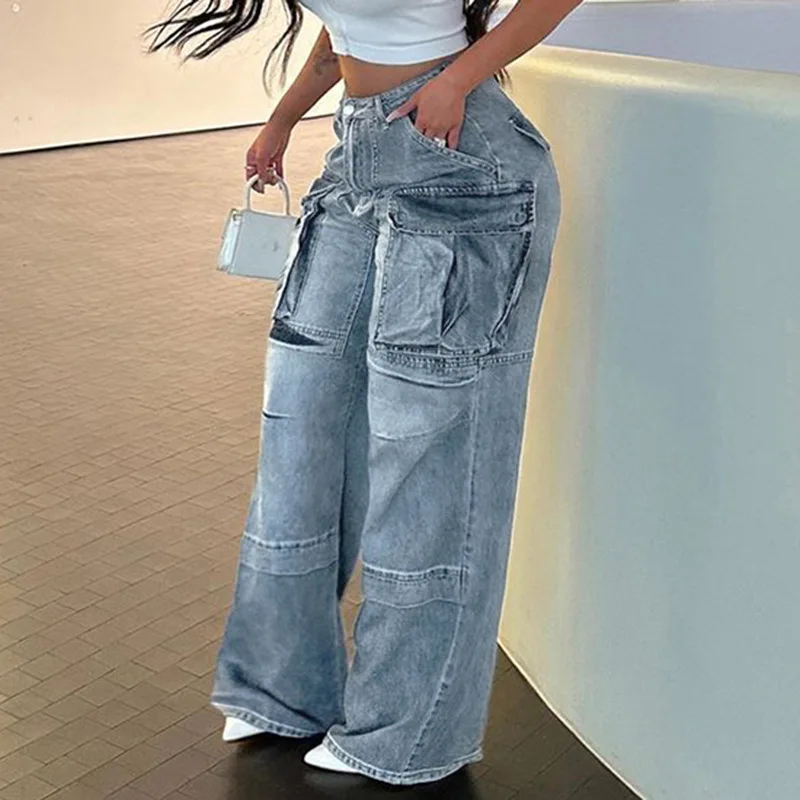 Women Jeans Cargo Pants Denim Washing High Waist Loose Fit Pockets Basics Full Length Pants Solid Color Slight Strech 2024