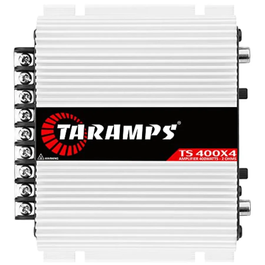 Amplificador de audio para coche Taramps TS 400x4 de 400 vatios RMS, 4 canales de rango completo con 2 canales en puente, entrada RCA, clase D, alto rendimiento.