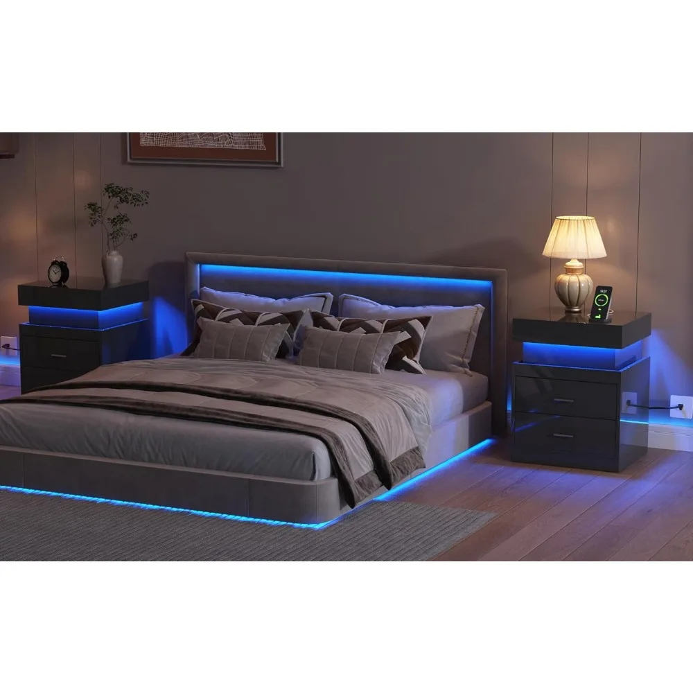 LED Nightstand with Charging Dock, Sliding Top Storage and 2 Drawers, Modern High Gloss Side Table