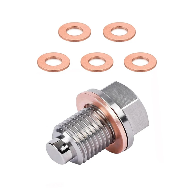 A81M New M14 X 1.5 Magnetic Oil Drain Plug, Sump Drain Nut Bolt With 5 Crush Washer Gaskets,Leak-Proof Oil Drain Plug Replacemen