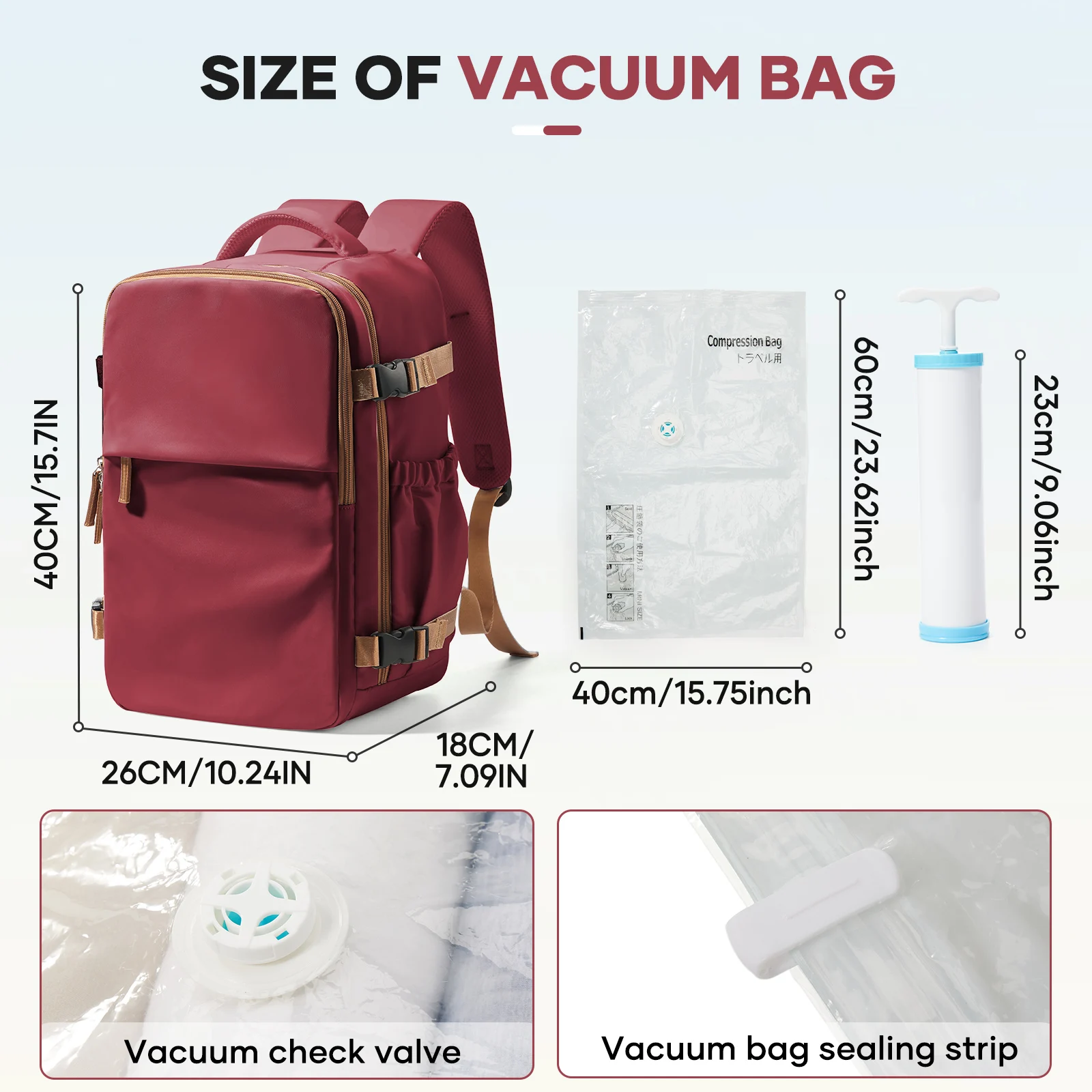 أكياس تخزين مفرغة مع حقيبة ظهر للسفر للرجال والنساء، حقيبة ظهر مفرغة للهواء لطائرة السفر، حقيبة ظهر Ryanair 40x20x25 المقصورة #3