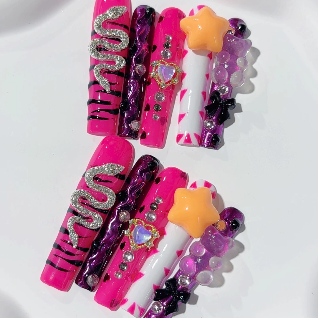 Atacado artesanal xxxl longo 10 pçs imprensa em unhas y2k bling strass longo stiletto quadrado unhas falsas reutilizáveis unhas falsas