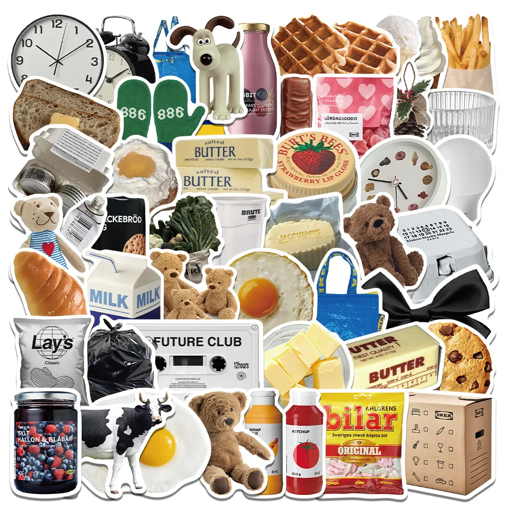 50pcs/100pcs Ins Style Cartoon Milk Butter Food Decal Stickers DIY Fridge Phone Laptop Luggage Cool Sticker for Kids Toys Gift