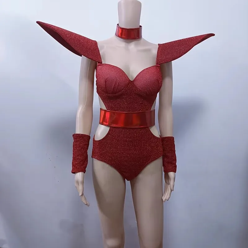 

Красный боди с открытой талией и открытыми плечами для женщин, ночной клуб, бар, DJ Gogo, танцовщица, сексуальная сценическая одежда, карнавальный костюм на Хэллоуин ﻿