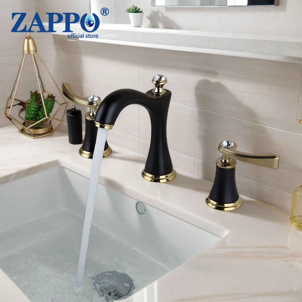 ZAPPO Widespread Bathroom Faucet 3 Hole Deck Mounted Roman Tub Filler Dimond Handle Bathtub Faucets Hot Cold Water Mixer Tap