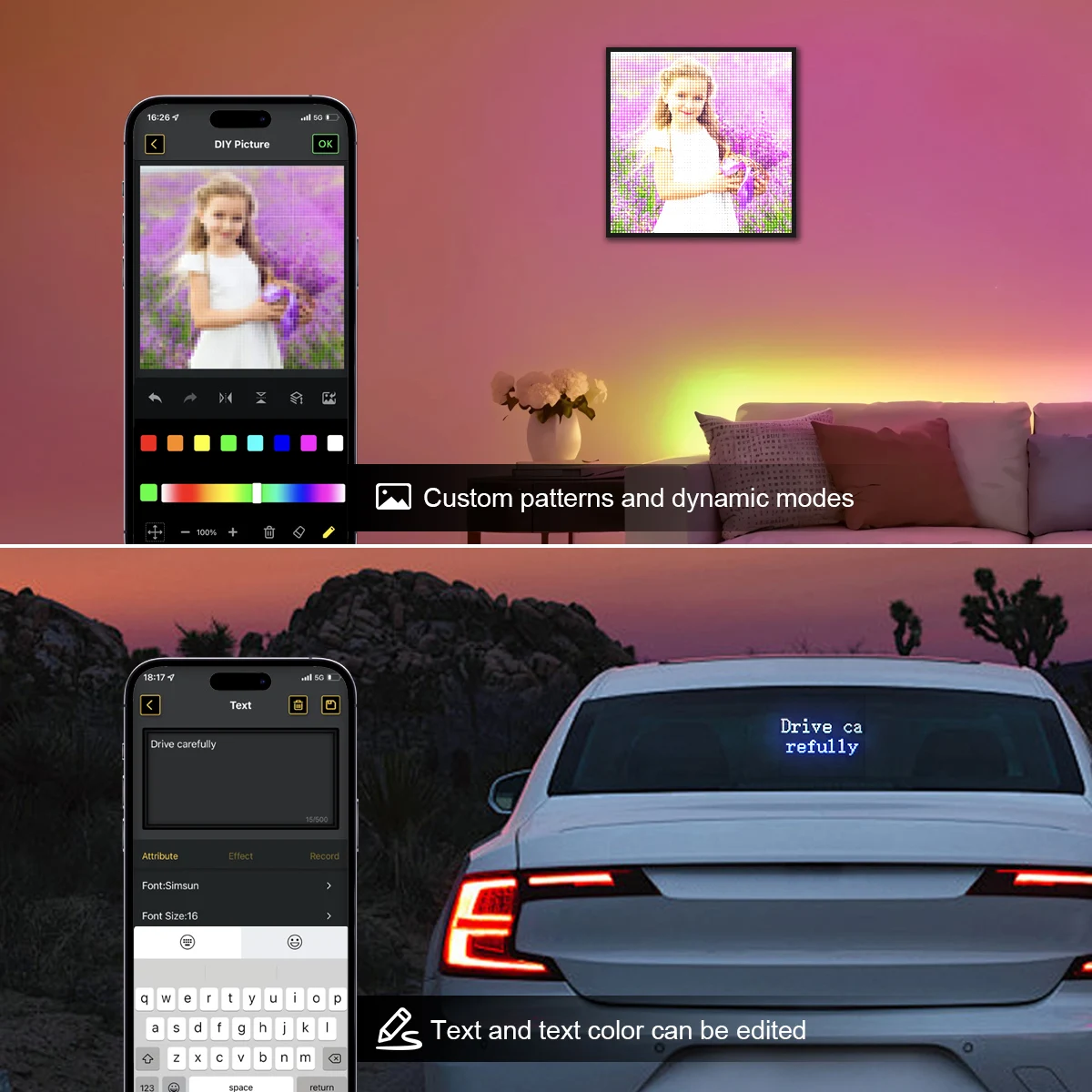 شاشات عرض LED ذكية RGB LED مصفوفة بكسل شعار مصباح للسيارات لتقوم بها بنفسك نص مثير للاهتمام الرسوم المتحركة الإعلان أضواء لوحة LED 5 فولت