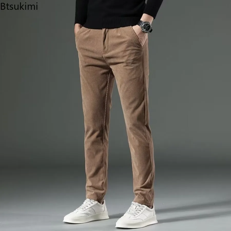 High Quality Brand Men's Corduroy Thicken Pants Fashion Khaki Narrow Leg Casual Pants Thermal Plush Trousers Autumn Winter Male