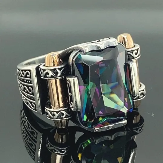 

Man Mystic Topaz Ring , Handmade Ring , Turkish Handmade Silver Men Ring , Colorized Stone Ring , Gift for Him, 925k Sterling