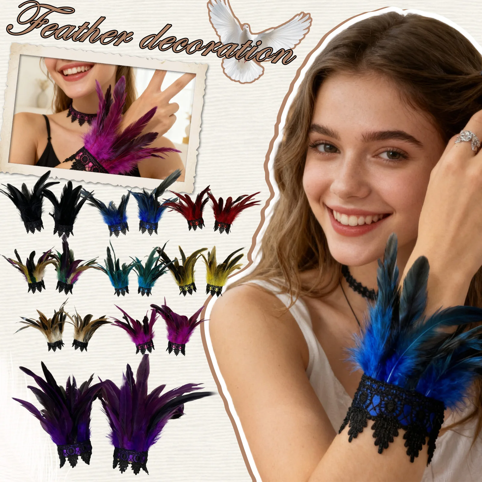 สายรัดข้อมือขนนกสไตล์โกธิคพังก์สำหรับผู้หญิง อุปกรณ์เสริมสำหรับงานคาร์นิวัล การแสดงบนเวที