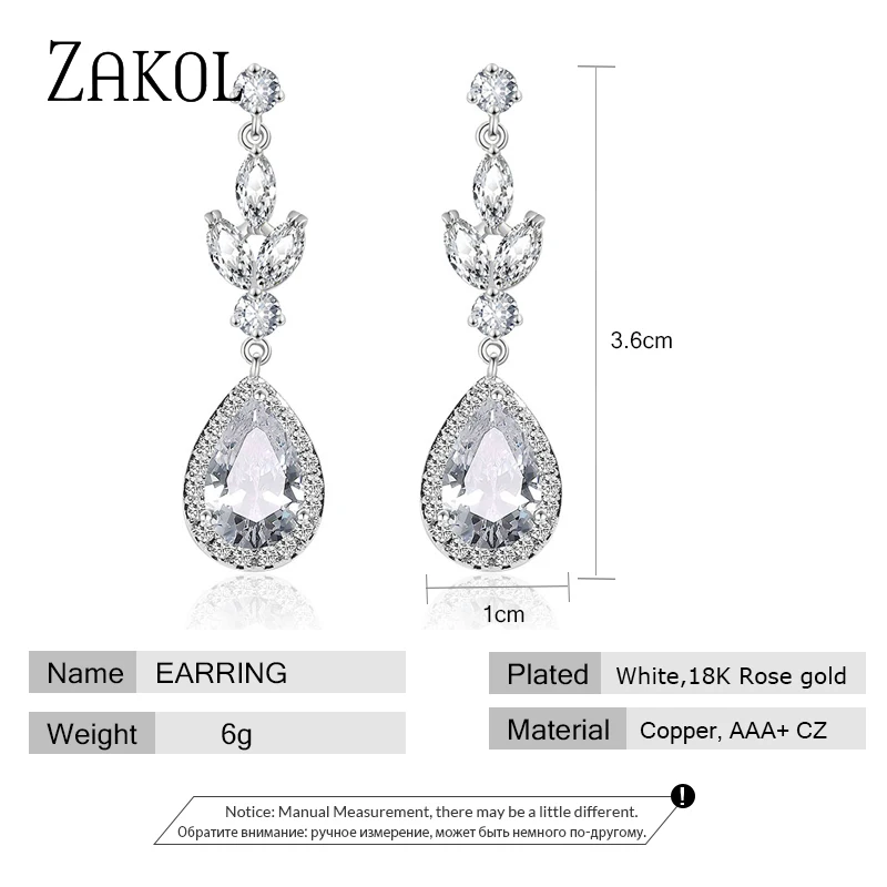 ZAKOL Fashion Leaf Bridal Earrings Water Drop Cubic Zircon Dangle Earrings For Women Wholesale EP2406