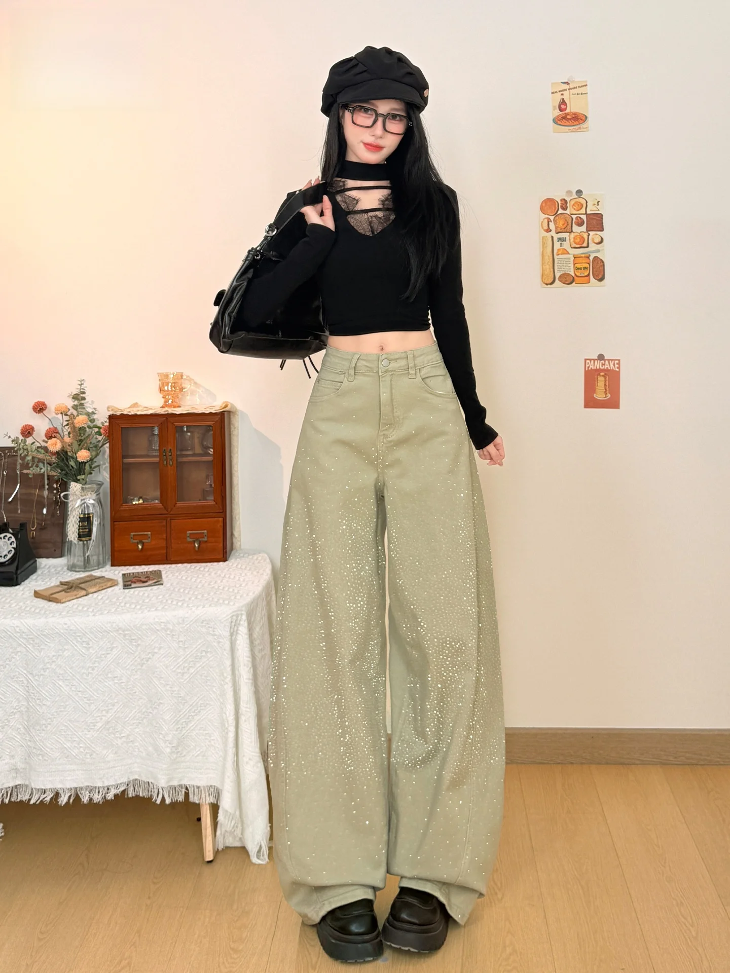 

American Style High Waist Jeans Women's Loose Fit Glittering Drill Knife Wide Leg Pants Casual Spring Summer Jeans