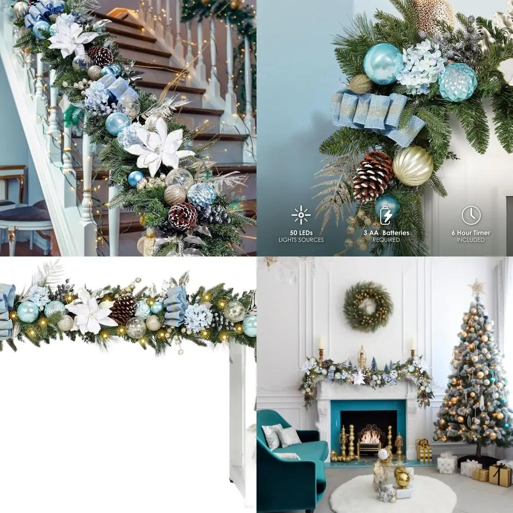 

Battery-Powered 6-Foot Light Blue & Gold LED Christmas Garland with 50 Lights for Holiday Decorations, Indoor or Outdoor