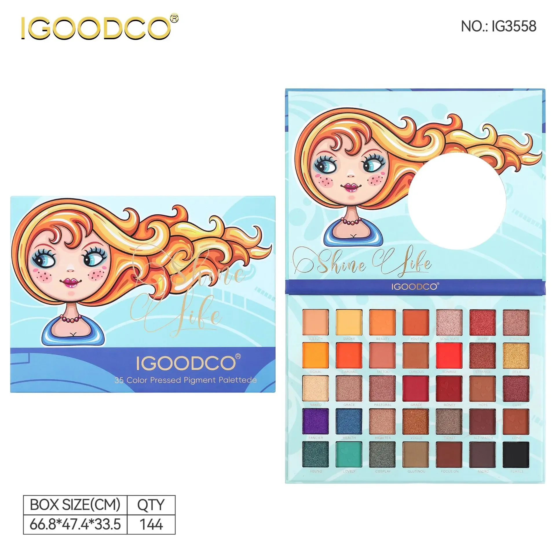 Tablero de sombra de ojos con patrón de dibujos animados, paleta de sombras de ojos de neón, maquillaje de escenario para niños, brillo mate, resistente al agua, belleza esmaltada, 35 colores