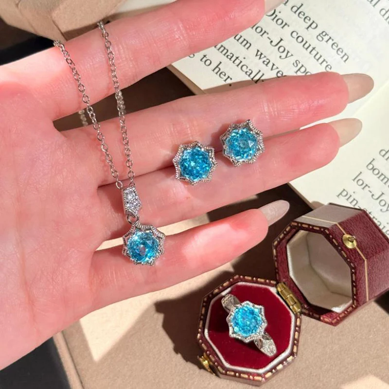 Octagonal Rose Cut Klein Blue Necklace Sea Blue High Carbon Zircon Earrings Octagonal Star Ring for Women Jewelry Set KOFSAC