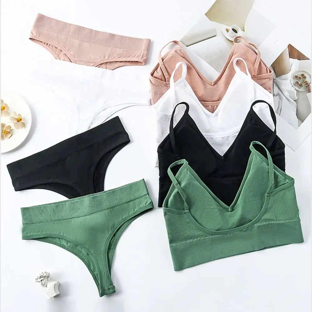 2 ชิ้นไม่มีรอยต่อ Bra และชุดกางเกงทองไร้สาย Push Up Ribbed ถัก Bra และ Panty Breathable สีทึบชุดชั้นในกีฬาชุด