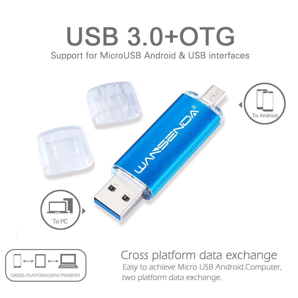 WANSENDA High Speed OTG USB 3.0 Flash Drive 32GB 64GB 128GB 256GB Pendrive 2 IN 1 MicroUSB Memory Stick for Micro-USB Mobile/PC