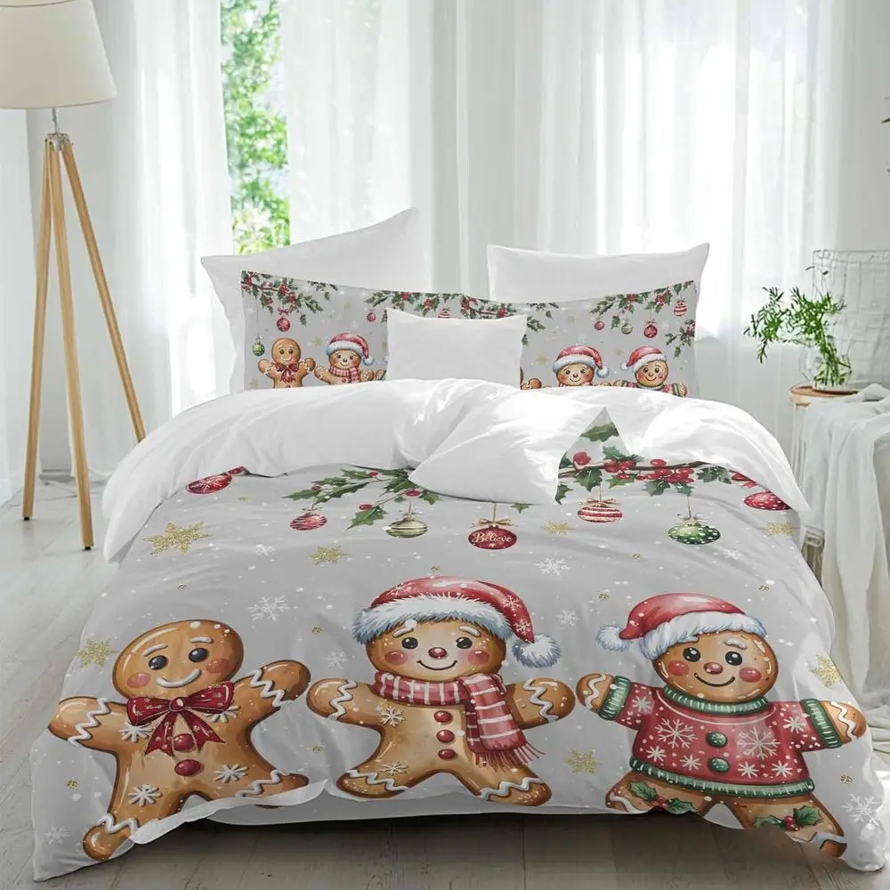 Juego de sábanas Merry Christmas, diseño navideño con hombre de jengibre, bolas y bayas, gris, 4 piezas, transpirable, juego de funda nórdica suave, ropa de cama