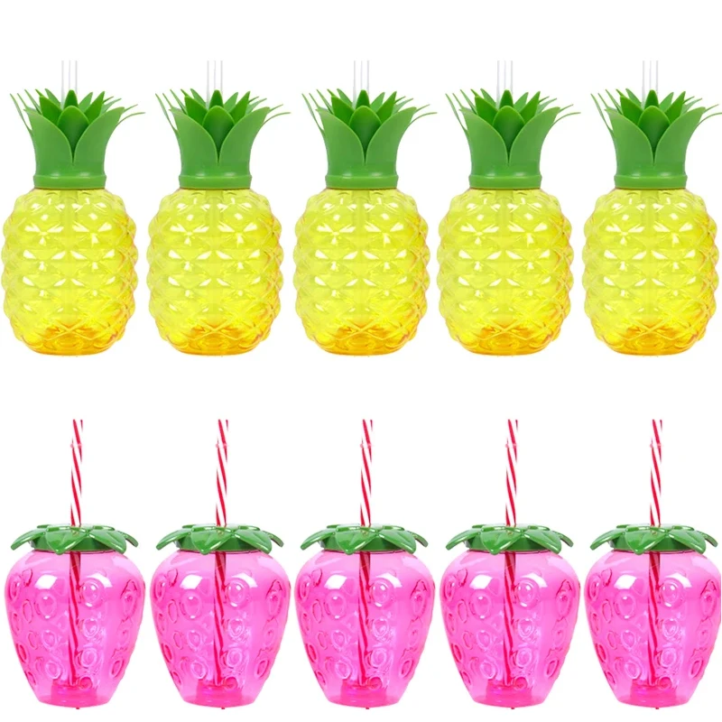 6/10pcs Pineapple Strawberry Straw Cup Summer Wedding Birthday Flamingo Luau Party Decor Drinking Cup Hawaiian Party Supplies