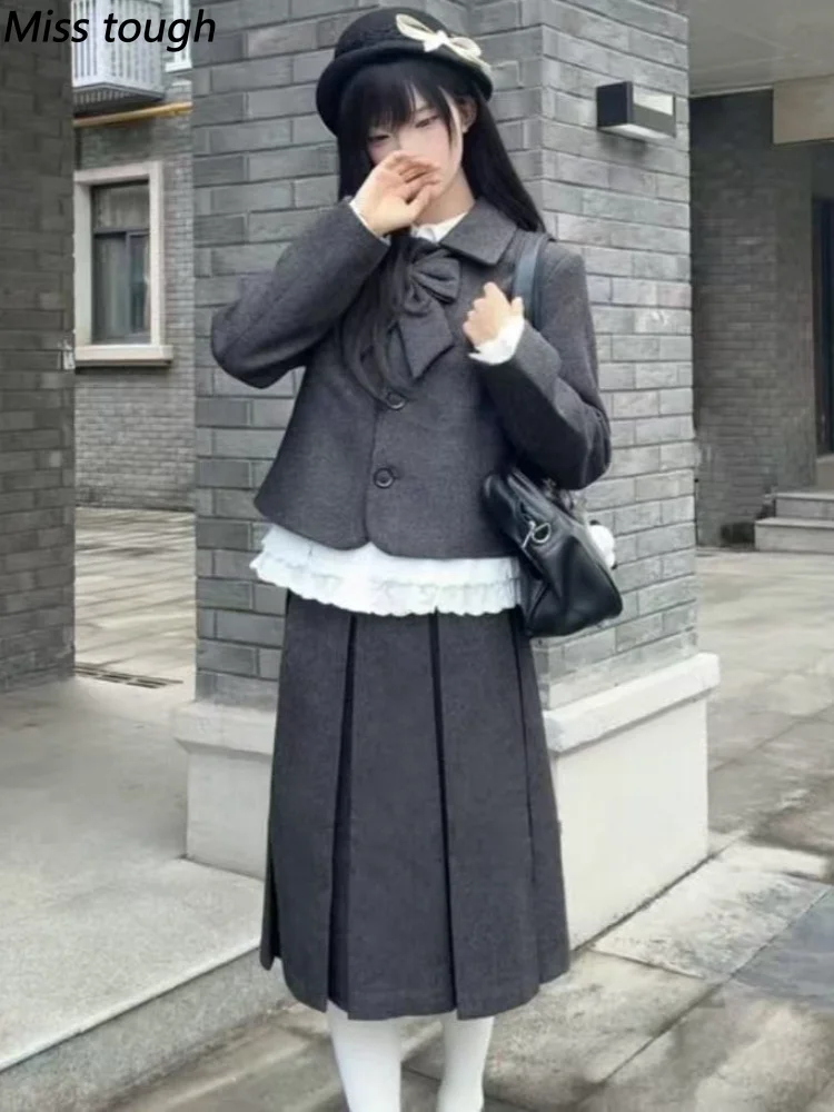 Subculture Y2k Korean Women 3 Piece Set Bowknot Wool Coat + Lace Ruffle Blouse + Mini Skirt Daily Gothic Lolita Harajuku Outfits