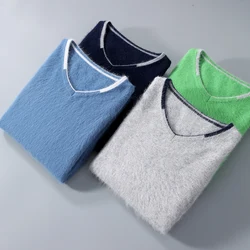 Autumn and Winter Men's Mink Fleece Sweater V-neck Pullover Knitted Long Sleeve Colorful Casual Fashion Loose Warm Knitted Top