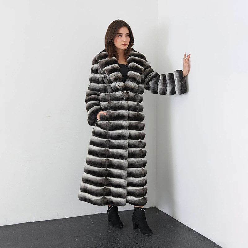 

Genuine Rex Rabbit Fur Long Sleeve Coat Women Winter Warm Straight Outertwear Strip Sewed Thicken Real Fur Jacket Female