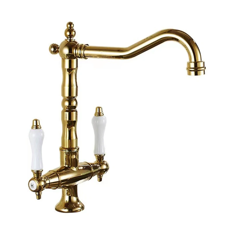 

American Retro 360 Rotating Dual Handle Kitchen Hot and Cold Water Tap Gold Vintage Kitchen Sink Faucet