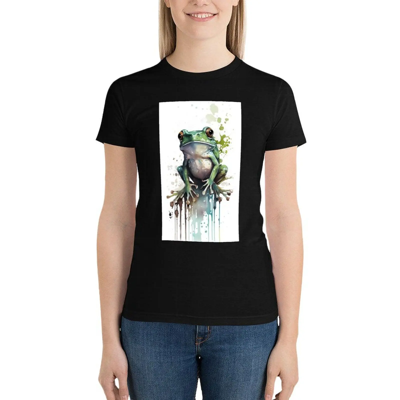 Water Colour Painted Frog T-Shirt Short sleeve tee hippie clothes t-shirts for Women graphic tees funny