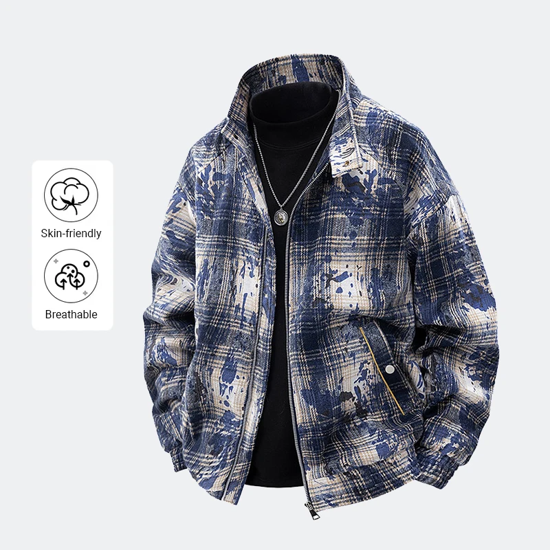 

Клетчатое пальто для мужчин, весенне-осенний тренд, свободная куртка в студенческом стиле с чернильной стилью, свободные повседневные куртки большого размера