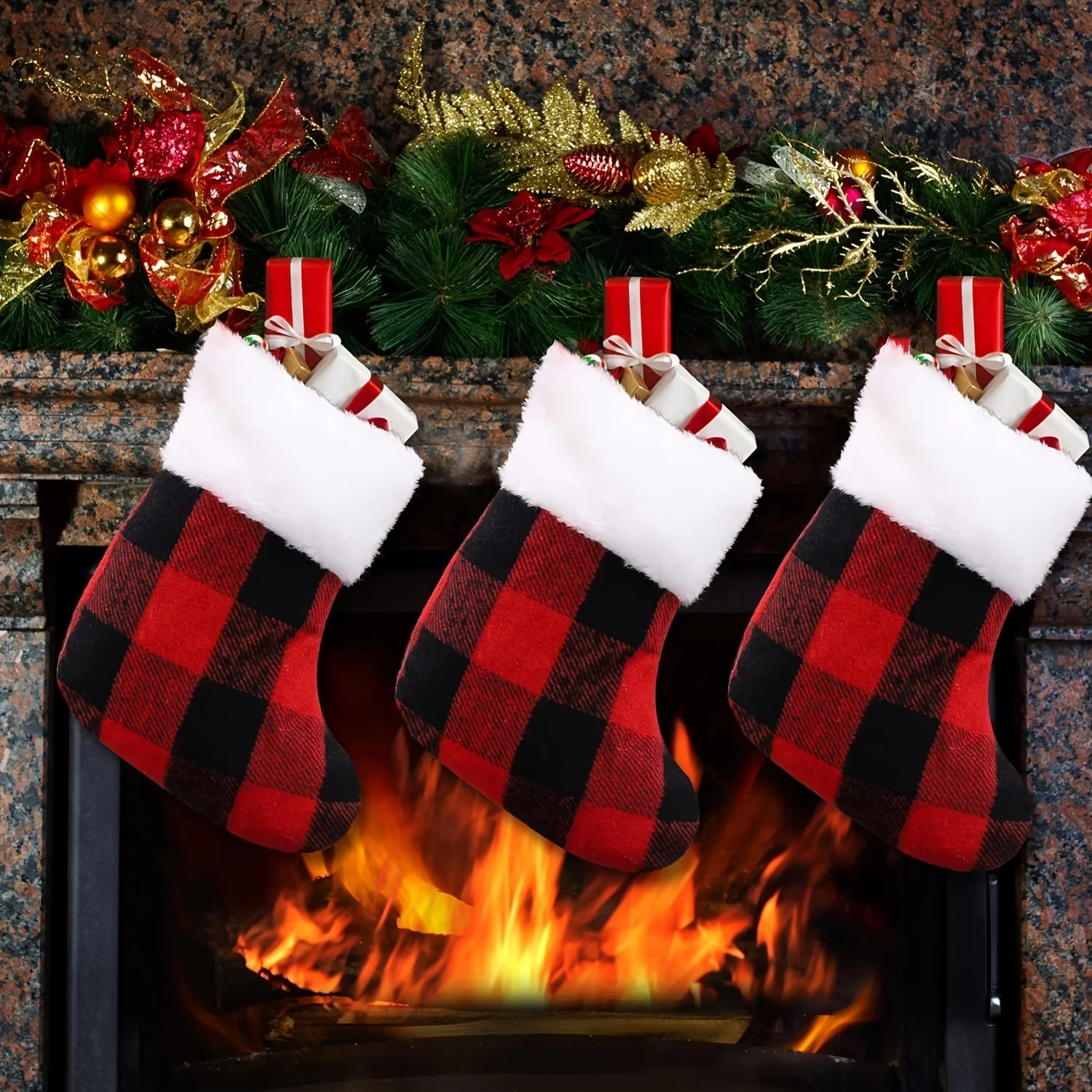 4Pcs Christmas Miniature Stockings Red And Black Buffalo Plaid  Gift Bag  Socks Pendant