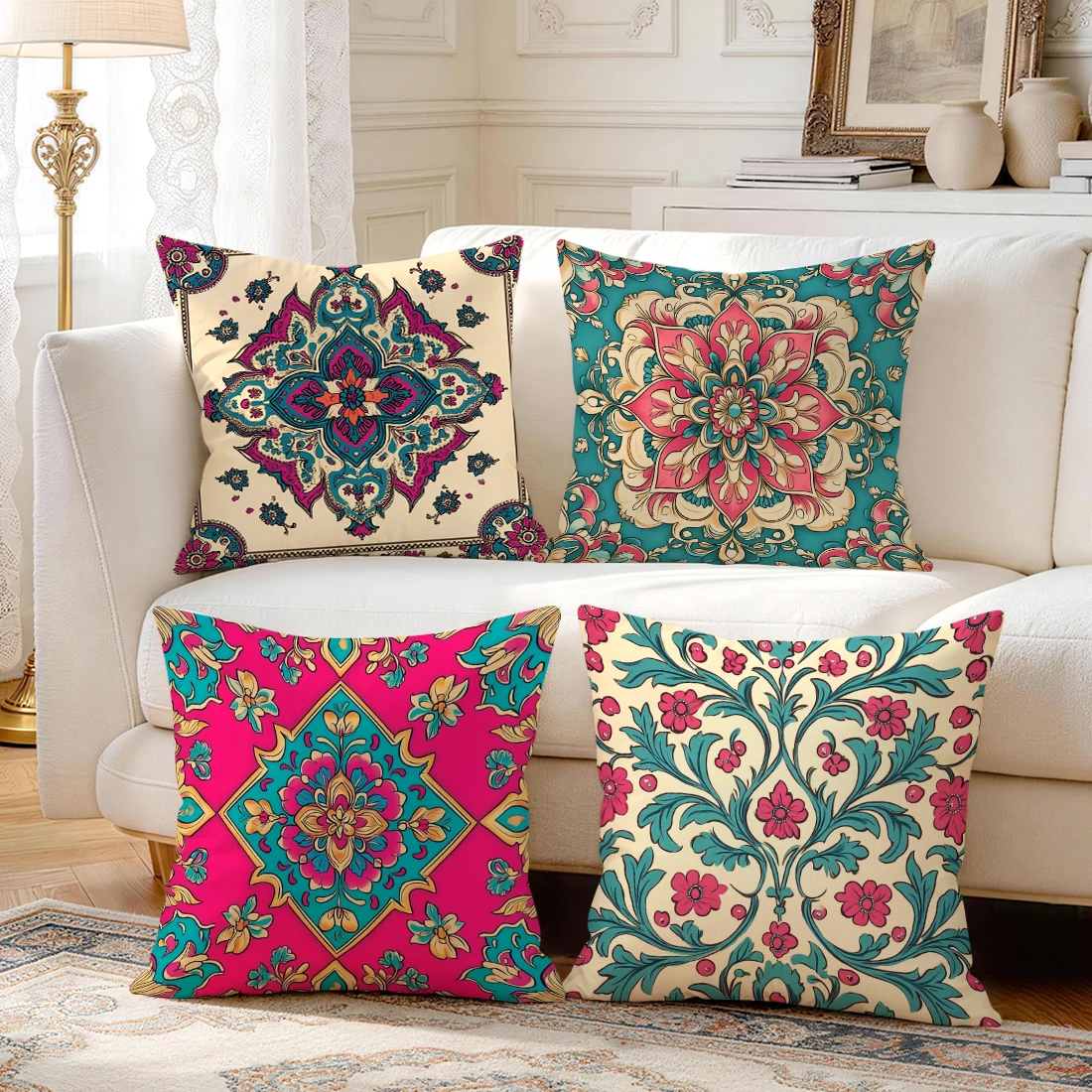 Boho Ethnic Floral Pillow Covers, Vintage Mandala Oriental Decorative Square Cushion Covers for Living Room Bedroom Indoor Home