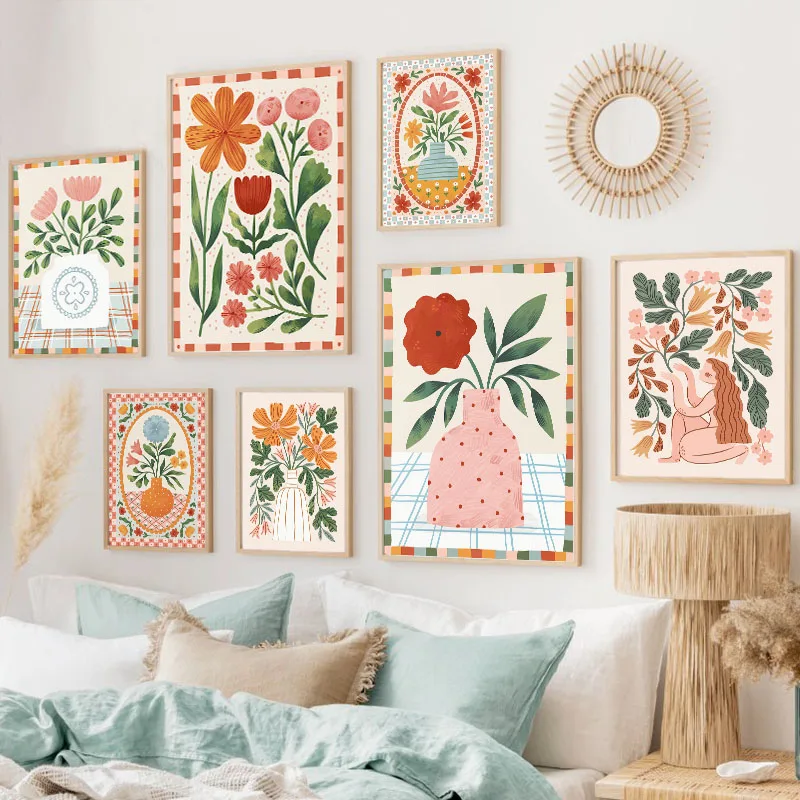 Bohemian Abstract Floral art Canvas Printing Spring Flower Plant Vase Wall Art Posters for Modern Living Room Bedroom Home Decor